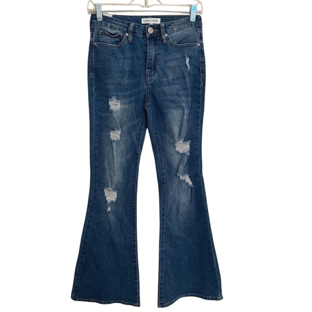 Almost Famous Flare Denim Pants‎ Women's Size 3 Blue Casual Distressed Wide Leg